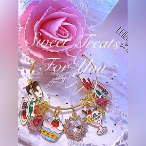 Gold charm bangle bracelet with sweet treats , ice cream , summer treats,